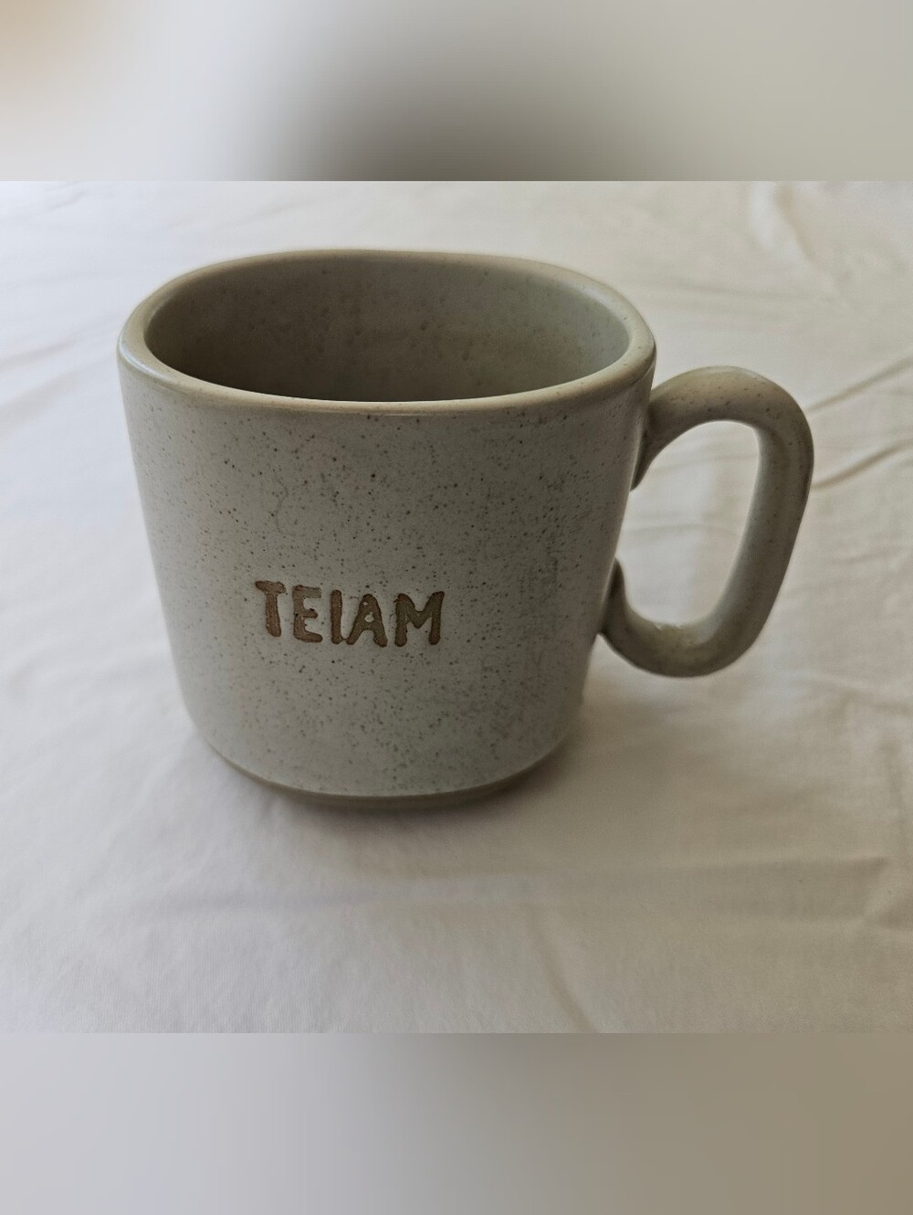 NWT "There is No I in Team" Novelty Ceramic Coffee Mug, Speckled Artisan Style